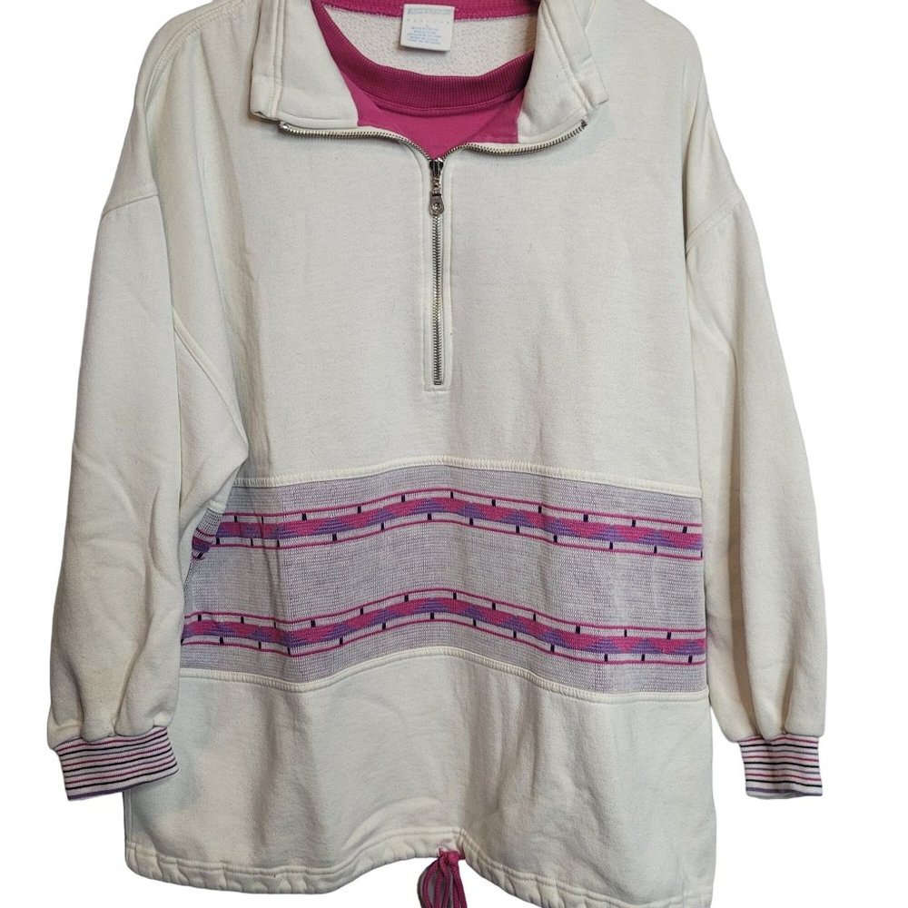 Vintage Pullover Sweatshirt Quarter Zip Layered Look Pink Cream Cheetah Mervyns
